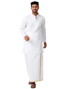 Ramraj Men White Medium 1/2" inch Gold Zari Border Kurta and Dhoti Combo