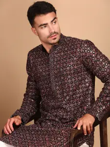 House of Pataudi Chic Geometric Pattern Chikankari Kurta With Sequin