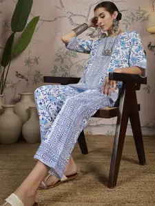 Sangria Printed Pure Cotton  Top With Trousers Co-Ords