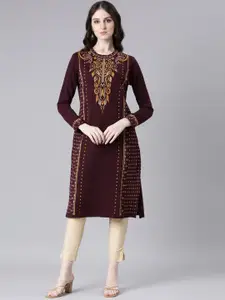 Neerus Women Woven Design Round Neck Kurta