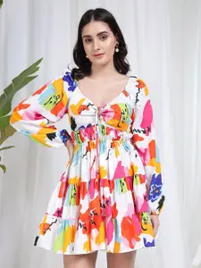 BAESD Floral Print Puff Sleeve Organic Cotton Crepe Fit & Flare Dress