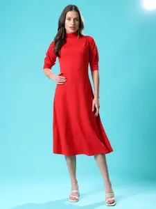 PURVAJA High Neck Puffed Sleeves Midi Sheath Dress