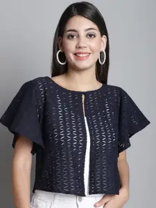 SZN Self Design Round Neck Sheer Cotton Shrug