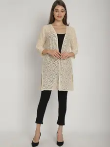 SZN Self Design Round Neck Front Open Sheer Longline Shrug