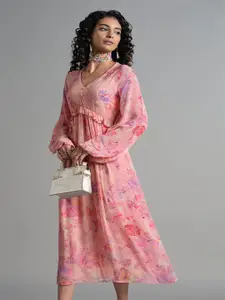 AND Floral Print Flared Sleeve A-Line Midi Dress