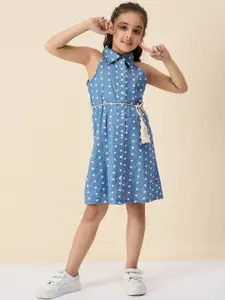 Stylo Bug Polka Dot Embroidered Denim A-Line Dress