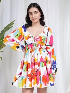 TANDUL Floral Print Puff Sleeve Organic Cotton Crepe Fit & Flare Dress