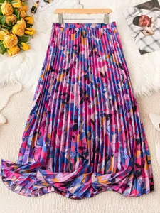 ZWERLON Printed A-Line Accordion Pleats Detail Flared Maxi Skirt