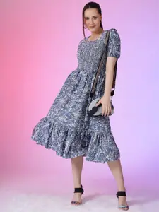 Raiyani Fashion Print Puff Sleeve Applique Fit & Flare Midi Dress