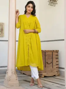 Janasya Women's Mustard Chiffon Self Design Frontslit Kurta