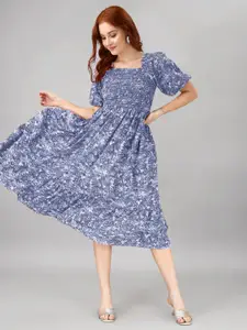 Raiyani Fashion Floral Print Puff Sleeve Applique Fit & Flare Midi Dress