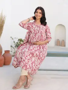 Janasya Women Mauve Pure Cotton Floral Printed Gathered Maternity Kurta