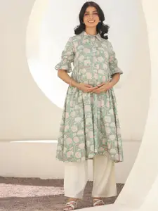 Janasya Women's Light Green Pure Cotton Floral Printed A-line Maternity Kurta