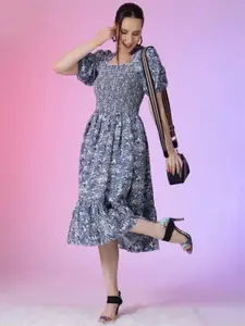 Raiyani Fashion Print Puff Sleeve Applique Fit & Flare Midi Dress