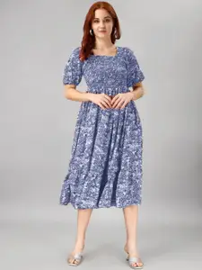 Raiyani Fashion Floral Print Puff Sleeve Applique Fit & Flare Midi Dress