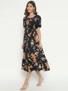 Raiyani Fashion Floral Print Applique Crepe Fit & Flare Midi Dress