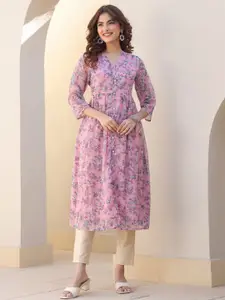 Janasya Women's Pink Chiffon Lurex Floral Printed Flared Kurta