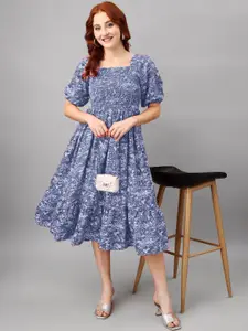 Raiyani Fashion Floral Print Puff Sleeve Applique Fit & Flare Midi Dress