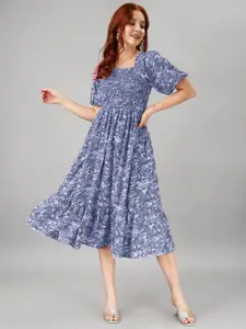 Raiyani Fashion Floral Print Puff Sleeve Applique Fit & Flare Midi Dress