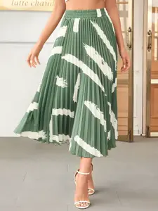 OTABU Printed Pleated A-Line Midi Skirt