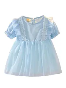 StyleCast x Revolte Girls Puff Sleeve Cotton Fit and Flare Dress With Lace Inserts