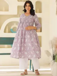 Janasya Women's Lavender Pure Cotton Floral Printed A-line Maternity Kurta