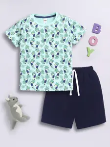 LITTLE NINJA Boys Printed Round Neck Pure Cotton T-shirt With Shorts