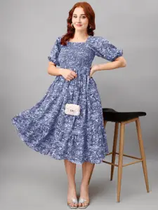 Raiyani Fashion Floral Print Puff Sleeve Applique Fit & Flare Midi Dress