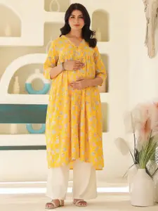 Janasya Women's Yellow Pure Cotton Floral Printed Empire Maternity Kurta