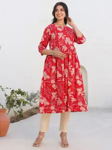 Janasya Women's Red Pure Cotton Floral Printed A-line Maternity Kurta