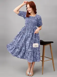 Raiyani Fashion Floral Print Puff Sleeve Applique Fit & Flare Midi Dress