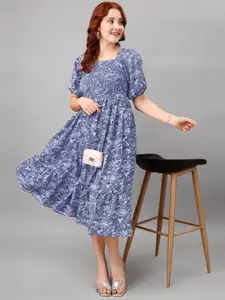Raiyani Fashion Floral Print Puff Sleeve Applique Fit & Flare Midi Dress
