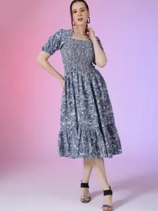 Raiyani Fashion Print Puff Sleeve Applique Fit & Flare Midi Dress