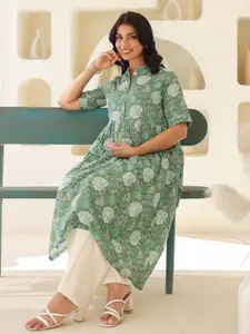 Janasya Women's Sage Green Pure Cotton Floral Printed A-line Maternity Kurta