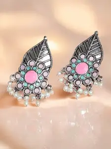 Sangria Artificial Stones Studded & Beaded Leaf Floral Shaped Drop Earrings