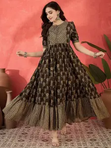 Sangria Women Floral Printed Cotton Fit and Flare Maxi Ethnic Dresses