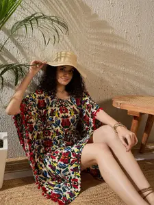 StyleStone Colourblocked Print Kimono Sleeve with Pom-Pom Detail Crepe Kaftan Dress