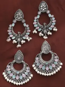 Sangria Set Of 2 Artificial Stones Studded & Beaded Crescent Shaped Oxidised Chandbalis