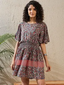 StyleStone Floral Print Flutter Sleeve Crepe Fit & Flare Dress
