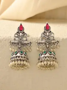 DASTOOR Silver-Plated Artificial Stones Studded and Beads Beaded Dome Shaped Jhumkas