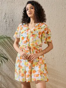 StyleStone Floral Print Flutter Sleeve Ruffled Georgette Fit & Flare Dress