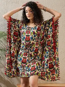StyleStone Colourblocked Print Kimono Sleeve with Pom-Pom Detail Crepe Kaftan Dress