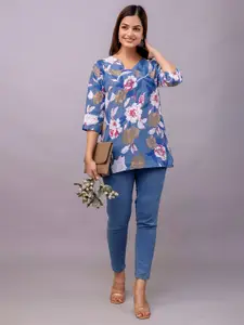 Mialo fashion Women Floral Printed V-Neck Pure Cotton Kurti