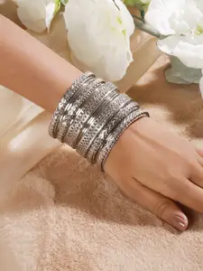 Anouk Set Of 18 Silver-Plated Oxidised Textured Bangles Set