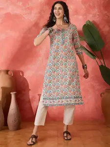 Sangria Floral Printed Round Neck Pure Cotton Straight Kurta