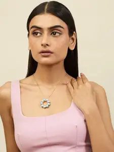 Isharya Brass 18KT Gold-Plated Crystals Stone Studded Reversible Pendant Necklace