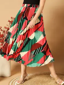 ZWERLON Women Printed Accordion Pleated Flared Maxi Skirt With Belt