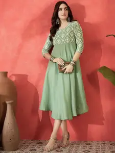 Sangria Floral Yoke Design Round Neck Thread Work Fit And Flare Ethnic Dress