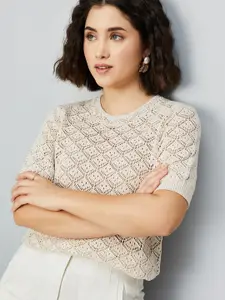 max Women Round Neck Short Sleeves Schiffli Top