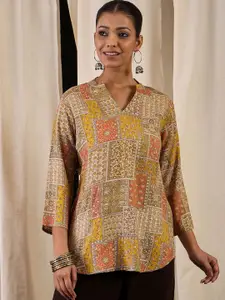 Anouk Women Abstract Printed V-Neck Straight Short Kurti